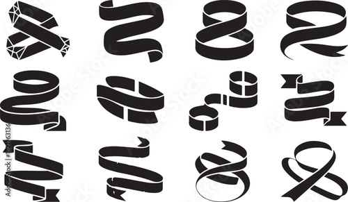 Twelve Black Silhouette Ribbons and Banners in Various Swirling Shapes on White curl loop