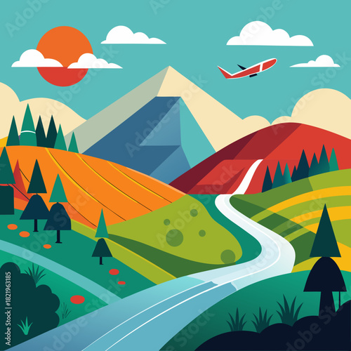 Stunning scenic view with winding road, mountains, and airplane soaring in the sky, promoting travel and adventure, showcasing nature's beauty and the thrill of exploration
