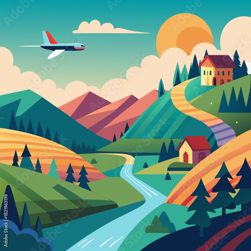 Dreamy landscape illustration with rolling hills, cozy houses, and an airplane soaring through a bright sky, perfect for travel blogs, vacation promotions, and nature-themed projects