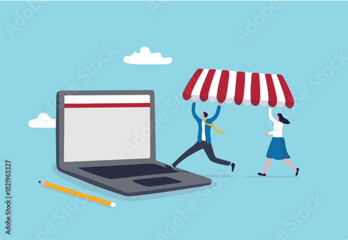 Open shop online, start e-commerce store selling product online, build website create virtual store in the internet concept, business people shop owner building new website on laptop computer
