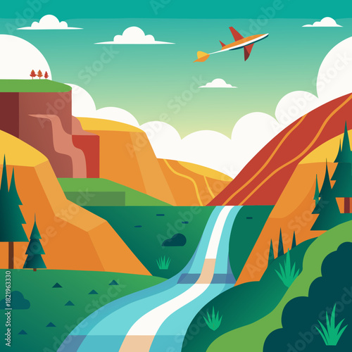 Inspiring travel destination with airplane soaring over majestic landscape, promising adventure and escape, perfect for tourism campaigns and wanderlust inspiration