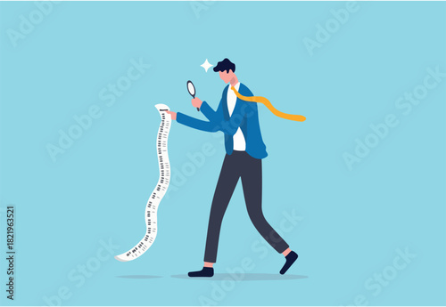 Paying bills, cost and expense analysis for business or personal finance concept, smart businessman using magnifying glass to analyze budget, income tax or expense on long invoice receipt paper