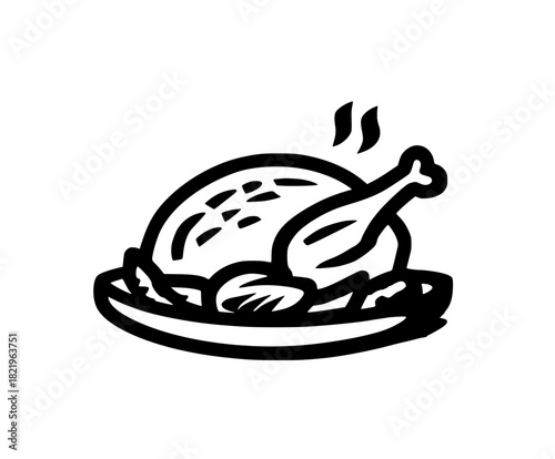 Simplistic Black White Roasted Turkey Icon | Clean, isolated vector art for creative projects.