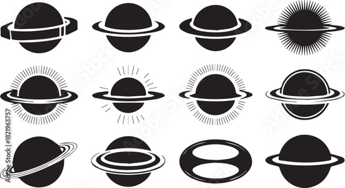 Twelve Stylized Planet Icons with Rings and Sunburst Effects in Black and White Keywords: planet, space, cosmos, galaxy, celestial, star, sun, ring, orbit, astronomy, science, abstract, graphic