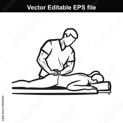 Illustration of a chiropractor performing a back adjustment on a patient lying on a massage table, isolated on white background