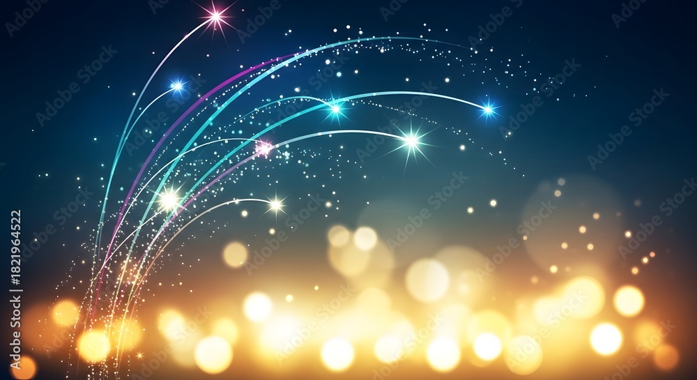 Naklejka premium Abstract colorful light streaks with sparkling particles on dark background