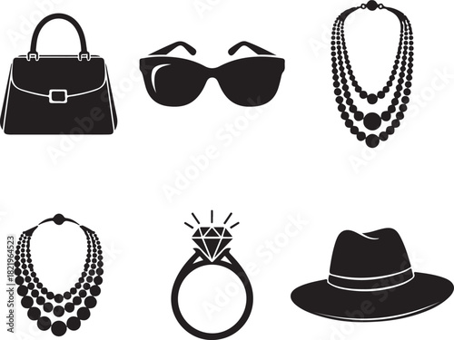 Set of black fashion accessories including handbag glasses necklace ring and hat.