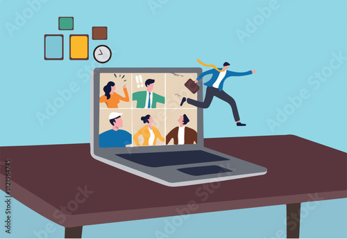 Ending COVID-19 lockdown, people back to work in the office, end remote working and return to work face to face concept, businessman jumping from remote video call running back to work in the office.