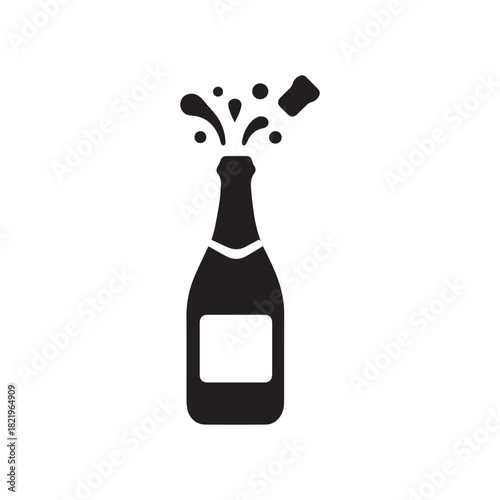 Silhouette of a champagne bottle with cork popping and liquid splashing upwards