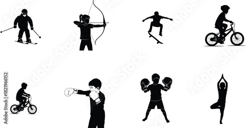 Collection of silhouetted children engaging in various sports and activities