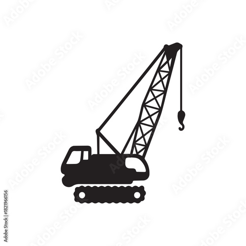 Silhouette of a large industrial crawler crane with a long boom and hook against a white background