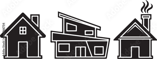 Black and White Illustration of Three Different House Styles.