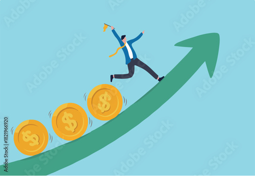 Investment profit and earning, stock market growth or fund flow depend on interest rate and inflation concept, businessman investor, fund manager holding flag lead money coins running up rising graph