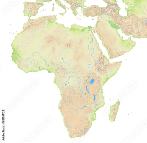 Map of Africa showing the isolated landmasses with relief representation, rivers, lakes. No boundaries. No labels at all.