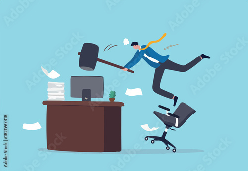 Frustration and chaos from computer problem or tech failure, stressful or anxiety from overworked or disappointment and mistake concept, frustrated businessman hitting to break computer with hammer.