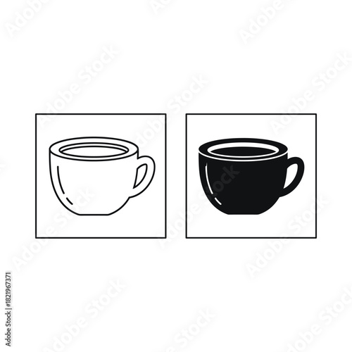 Two coffee cups one outline one filled with dark liquid