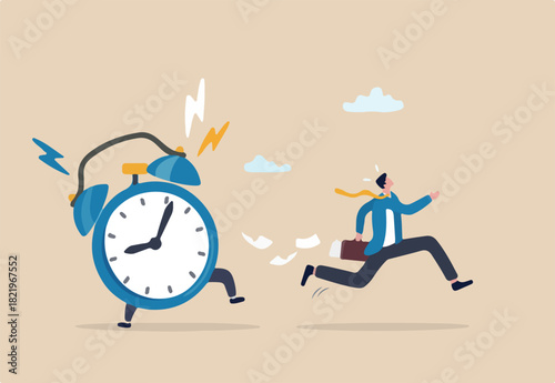 Late, hurry to go to work, rushing or running fast before deadline, speed or busy job, pressure or challenge to finish work in time, urgency concept, frustrated businessman hurry running to work late.
