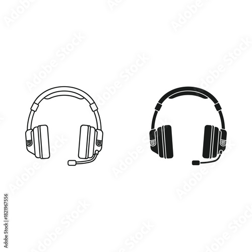 Two hand drawn style headphones with microphones on white background