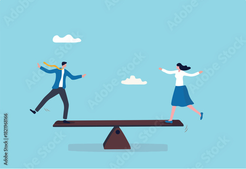 Gender equality, treat female and male equally, diversity or balance, fairness and justice concept, businessman and businesswoman balancing on equal seesaw