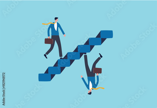 Business paradox, growth, improvement or different perspective or other side, fake or real, possible and impossible concept, ambitious businessman walk up stair while in paradox he walking down.