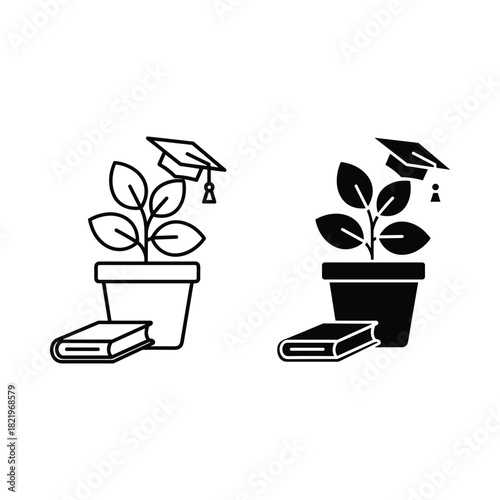 Plant growing from book with graduation cap symbolizing education growth