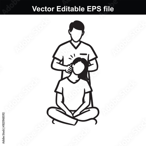 Illustration of a person giving a head massage to another person sitting crosslegged, isolated on white background