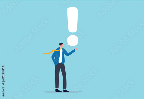 Story telling, speak out loud to draw attention and interest, fact important information or secret, caution and alert call concept, businessman speaking with speech bubble as exclamation point.