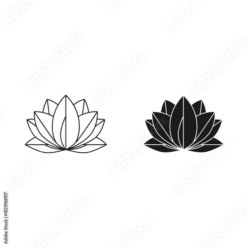 Two lotus flowers one outline one silhouette on white background