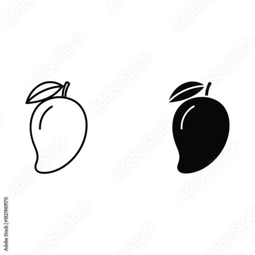 Outline and silhouette of a mango fruit with leaf icon