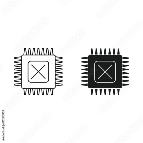 Two contrasting stylized icons of a computer processor chip