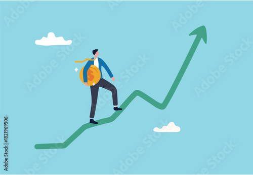 Investment strategy to earn money, plan to invest or wealth management for profit, financial planning, market analysis concept, businessman investor holding big money coin walk up rising graph. 