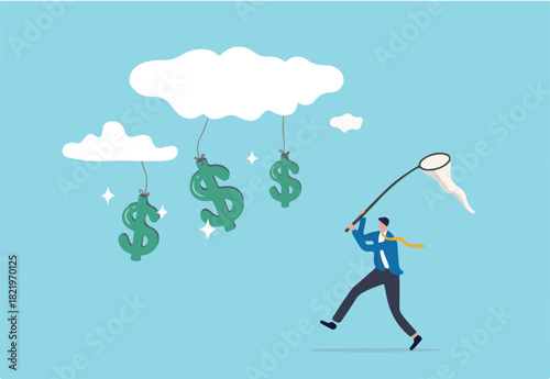 Cloud investment, new technology using cloud computing stock rising up and gain more profit in new normal economic concept, businessman investor catching dollar money sign falling from cloud.