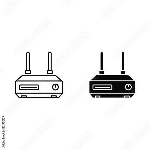 Two icons of a wireless router with antennas in outline and solid styles