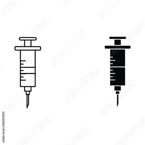 Two syringe icons one outlined and one solid black on white background