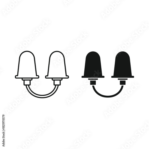 Two stylized icons of earplugs in outline and solid black versions