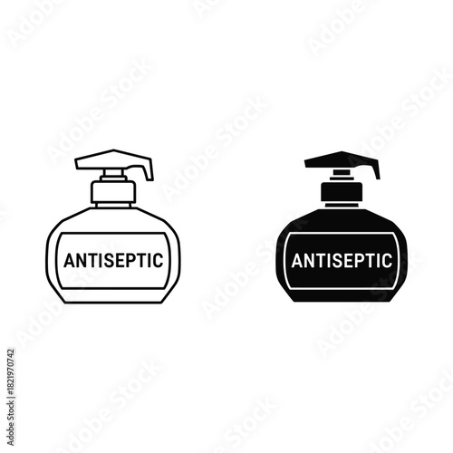Two antiseptic hand sanitizer bottle icons outline and solid fill