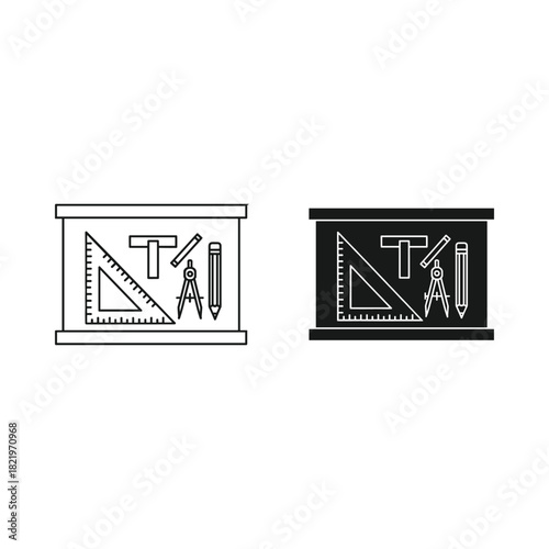 Set of drafting and drawing tools including rulers and compasses