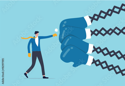 Business challenge to deal with many competitors, difficulties and problems, strength or power to overcome conflict concept, confidence businessman with boxing glove fights with many opponents.
