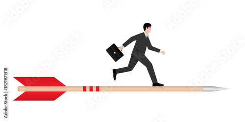 Businessman Running on Arrow toward Success. Goal Achievement and Success Business Concept.   