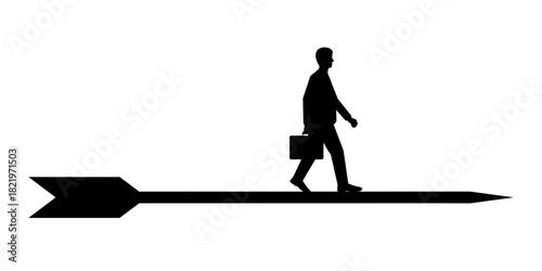 Businessman Walking on Arrow toward Success Silhouette. Goal Achievement and Success Business Concept.   