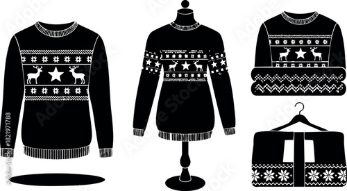 Black christmas sweater and folded jumper with festive pattern vector illustration