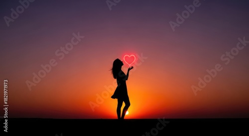 Silhouette of a woman holding a glowing heart against sunset.