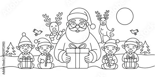 Santa Claus with Elves and Reindeer Line Art Christmas Scene Holiday Vector