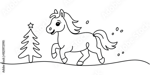 Cute Running Horse Line Art with Christmas Tree Winter Scene Holiday Vector