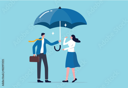 Good boss defend team for the right, cover or protection from business risk, help or support in career development concept, kindness businessman offer big umbrella to cover employee from bad weather.