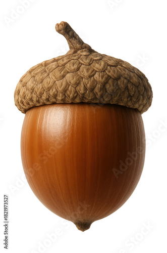 Mature acorn featuring a smooth brown nut partly covered by a rough, scaly shell.