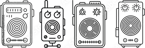 Collection of vintage style walkie talkies and radios hand drawn line art