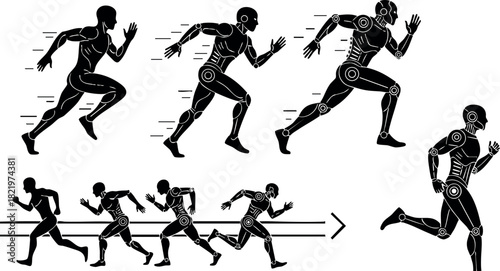 Running human silhouette evolution from simple shape to detailed cyborg illustration