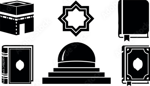 Islamic holy symbols including kaaba mosque dome and religious books vector illustration