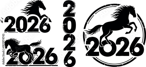 Black silhouette horse designs with 2026 year numbers vector